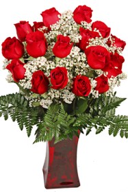 Valentine's Arrangement Everlasting Love 24 Beautiful Roses & Greens & Fillers with Vase